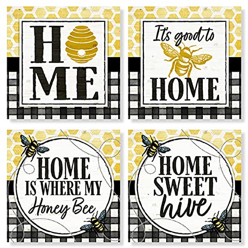 Carson Stoneware Coasters with Cork Back 4 Piece, Decorative Home Accents Square Stone Coaster Set, Yellow and Black Bee Square House Coaster Set