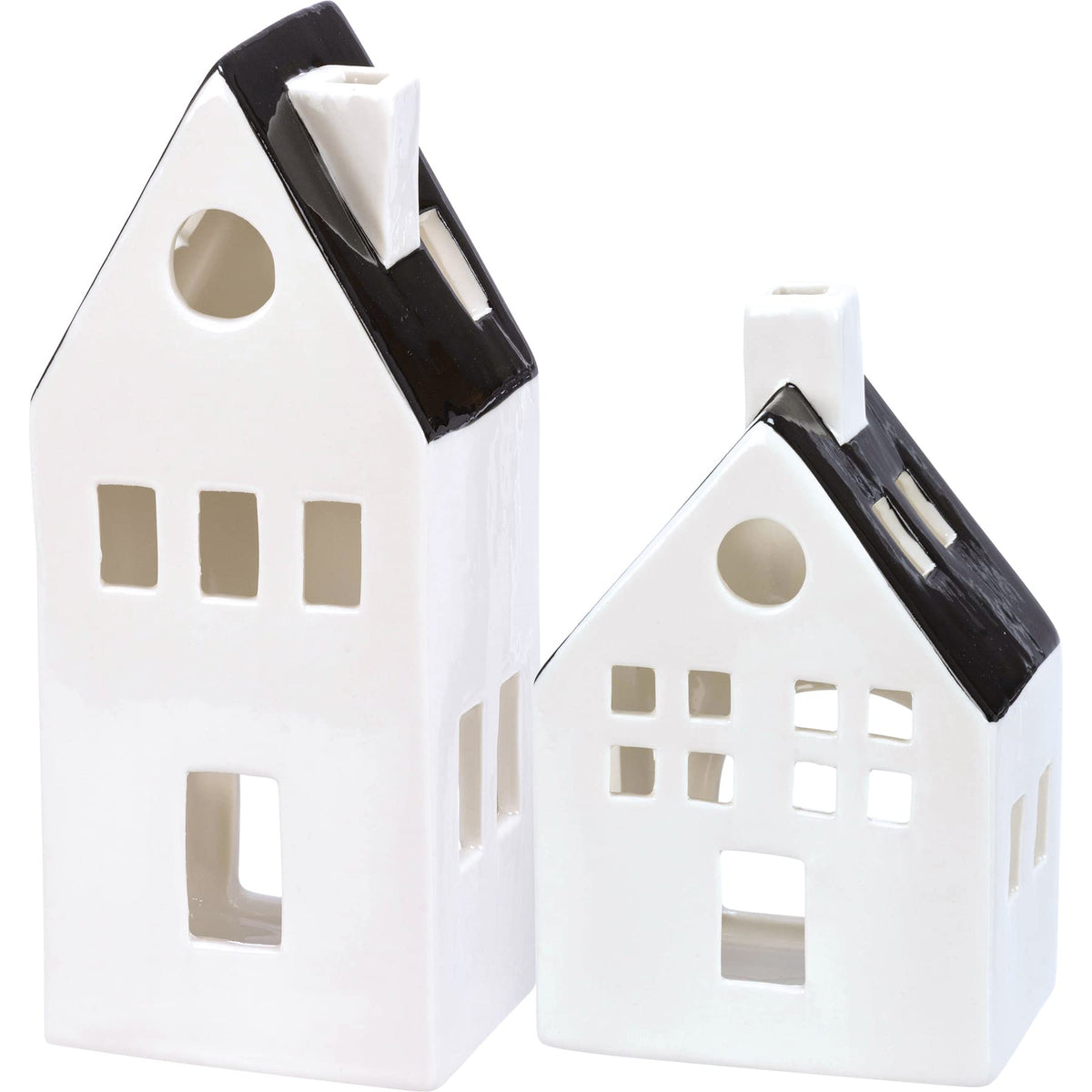 Primitives by Kathy Set of 2 Black & White House Shaped Figurines with Black Roofs