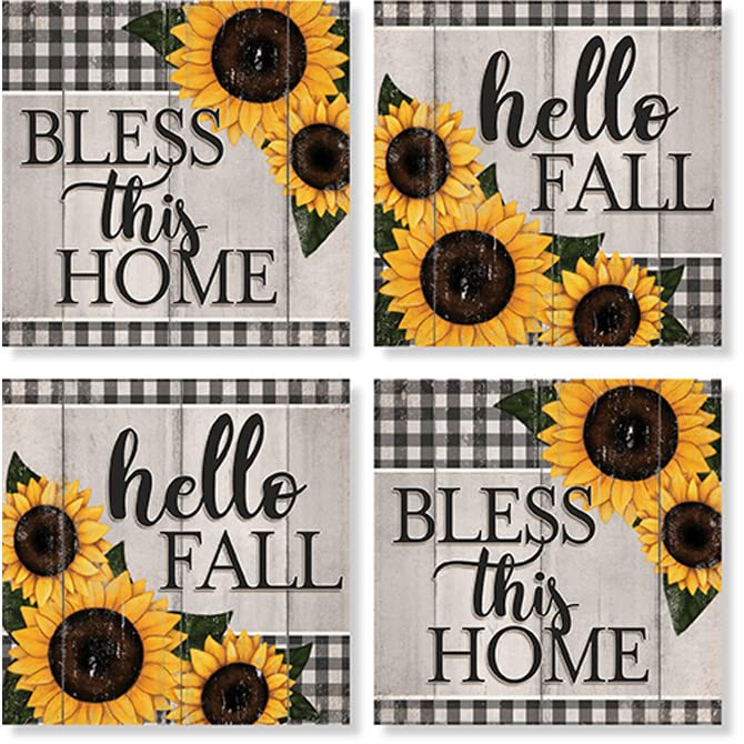 Carson Home Sunflower Plaid House Coaster, 4-inch Square, Set of 4