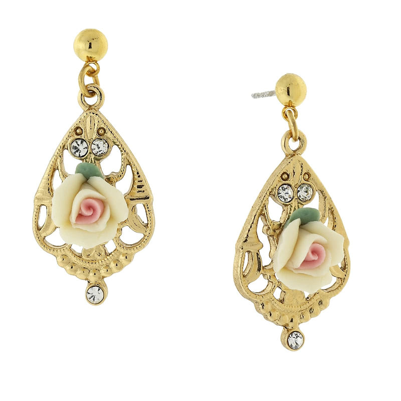 1928 Jewelry Gold-Tone Ivory Color Porcelain Rose With Crystal Accent Filigree Drop Earrings