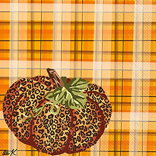 Boston International IHR 3-Ply Cocktail Beverage Paper Napkins, 5 x 5-Inches, Leopard Plaid Pumpkin