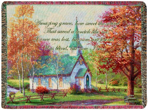 Manual Amazing Grace Tapestry Throw with Quote, Chapel in The Woods by Thomas Kinkade, 60 X 50-Inch