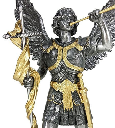 Unicorn Studio VERONESE 13" Saint Gabriel Archangel Statue W/Trumpet and Cross Pewter & Gold Finish Angel