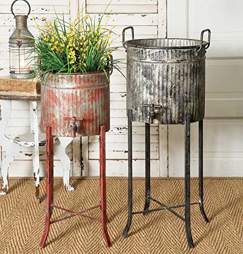 CTW Colonial Tin Works Set of Two-Rustic Industrial Farmhouse Chic Spigot Tubs/Planters with Stands, grey and red