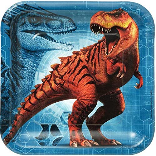 Amscan Jurassic World Blue and Red Square Party Paper Plates 9", 8 Ct.