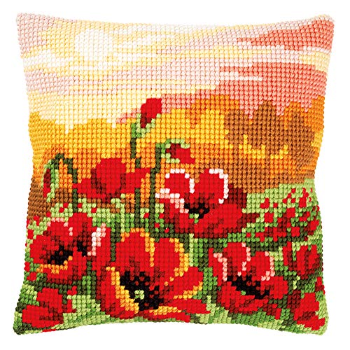 Vervaco Cross Stitch Embroidery Kits Pillow Front for Self-Embroidery with Embroidery Pattern on 100% Cotton and Embroidery Thread, 15,75 x 15,75 Inches - 40 x 40 cm, Poppy Meadow