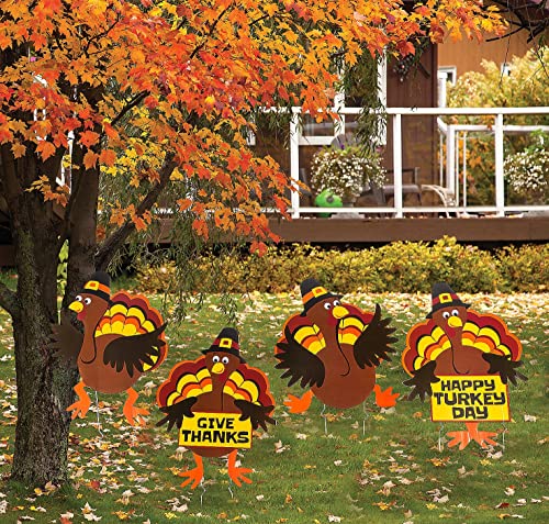 Fun Express Tumbling Thanksgiving Turkeys Yard Sign Set - 4 Piece Set - Outdoor Yard Decor