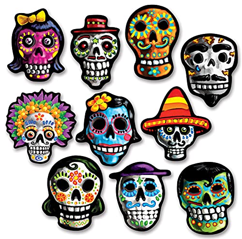 Beistle Miniature Day of The Dead Cutouts 10 Piece Halloween Decorations, Skeleton Face Signs, 4.75", Multicolored