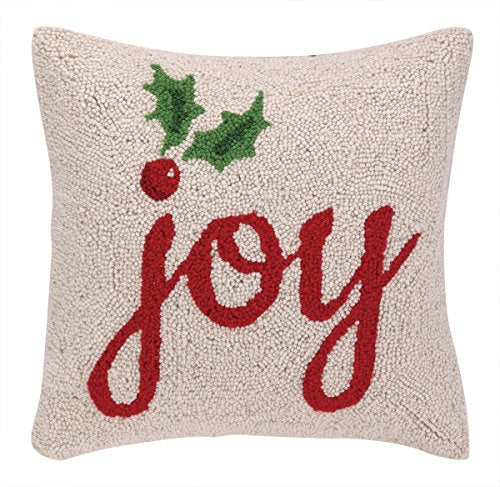Peking Handicraft 16x16 Joy with Holly Hook Pillow Red