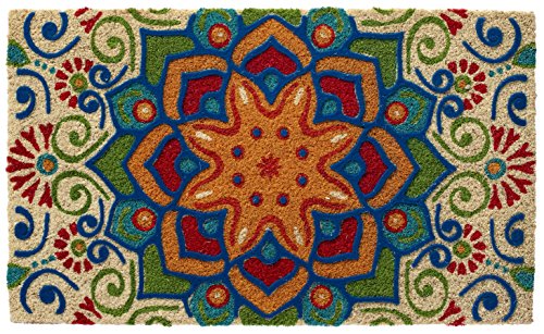 Larry Traverso Boho Market Printed and Flocked 100% Coir Doormat, 18 x 30 inches, Slip-Resistant PVC Backing, Durable, Sustainable, Multi-Colored, Star of India Design, 5 Styles Available