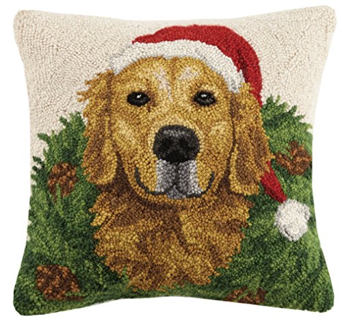 Peking Handicraft Christmas Dogs Hook in Wreath Golden Retriever Wool Throw Pillow, Multicolored