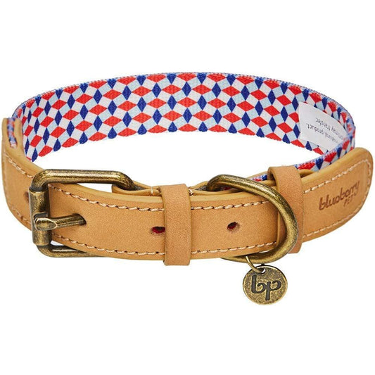 Blueberry Pet Multicolor Geometric Squares Genuine Leather & Polyester Combo Adjustable Dog Collar, Small, Neck 12"-15"