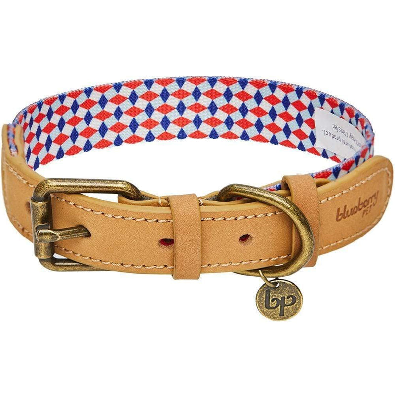 Blueberry Pet Multicolor Geometric Squares Genuine Leather & Polyester Combo Adjustable Dog Collar, Small, Neck 12"-15"