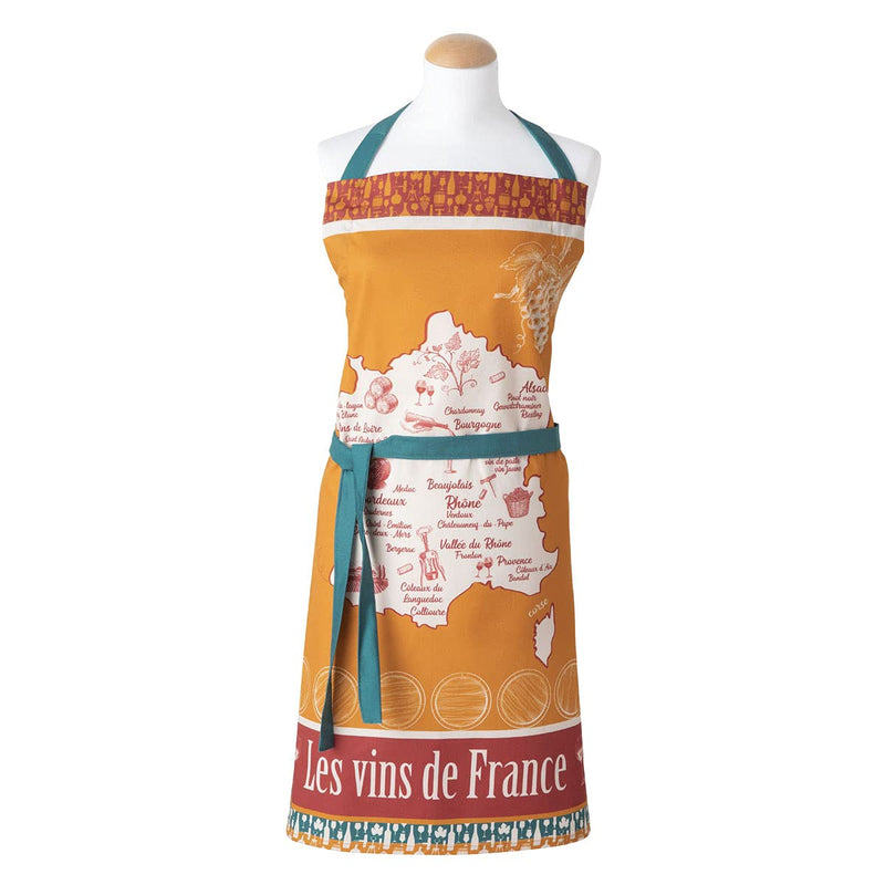 Coucke French Cotton Digitally Printed Apron, Wines of France Design, Sliding Ties for Easy Fit, 33.5-Inches by 30-Inches, Multi-colored, 100% Cotton