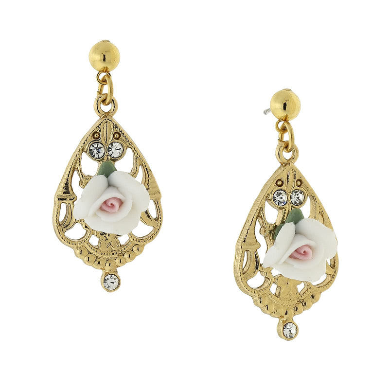 1928 Jewelry "Porcelain Rose" Teardrop Filigree Crystal White Rose Teardrop Earrings