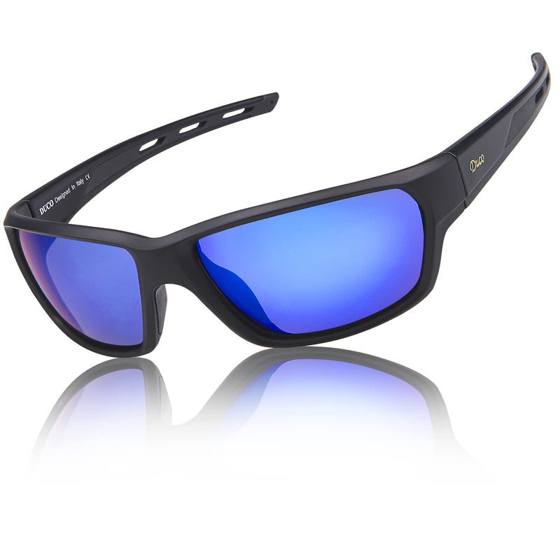 DUCO Polarized Sports Running Baseball Cycling TR90 Superlight Frame Sunglasses for Men 6201 (Black Frame Black Temple Revo Blue Lens)