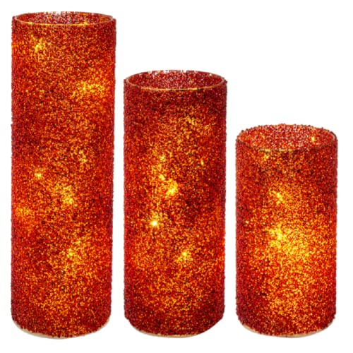 Ganz MX184657 LED Light Up Red Snow Crystal Pillar, Glass, Set of 3