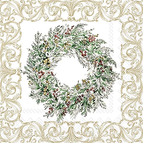 Boston International IHR 3-Ply Paper Napkins, 20-Count Cocktail Size, Holiday Berry Wreath