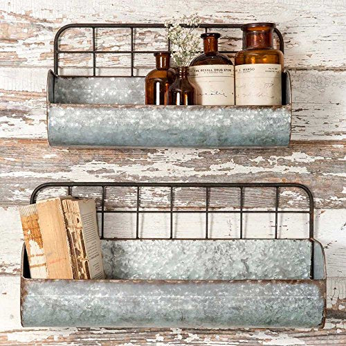 CTW Colonial Tin Works Set of Two-Decorative Wire Back Wall Shelves-Industrial, Rustic Grey/Rust