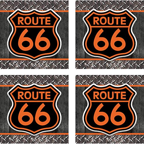 Carson Stoneware Drink Coasters Set of 4 | Route 66 | 4 different colorful designs as shown | Gift Box | 4 inch | Absorbent Stoneware | Suitable for all sizes of Mugs and Cups | Protects furniture