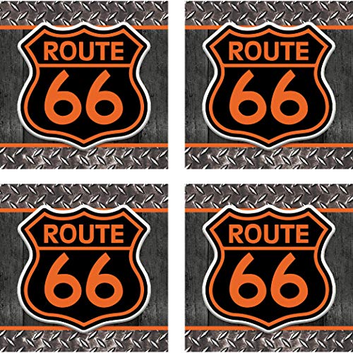 Carson Stoneware Drink Coasters Set of 4 | Route 66 | 4 different colorful designs as shown | Gift Box | 4 inch | Absorbent Stoneware | Suitable for all sizes of Mugs and Cups | Protects furniture
