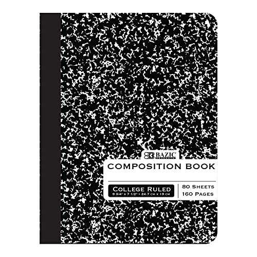 BAZIC Composition Book College Ruled 80 Sheet Black Marble Notebook, Writing Journal Comp Lined Notebooks, 1-Pack