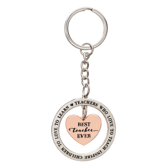 Best Teacher Ever Heart Keychain w/Inspirational Message - Teachers Who Love to Teach Inspire Children to Learn, Teacher Appreciation End of Year Gift for Women, Rose Gold Metal Keyring