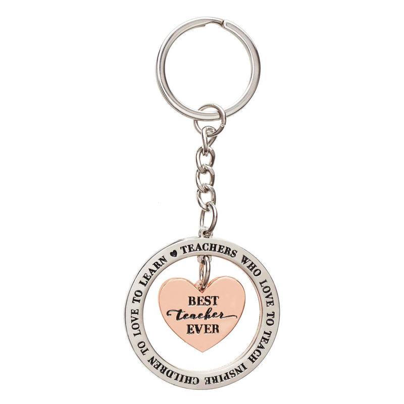 Best Teacher Ever Heart Keychain w/Inspirational Message - Teachers Who Love to Teach Inspire Children to Learn, Teacher Appreciation End of Year Gift for Women, Rose Gold Metal Keyring