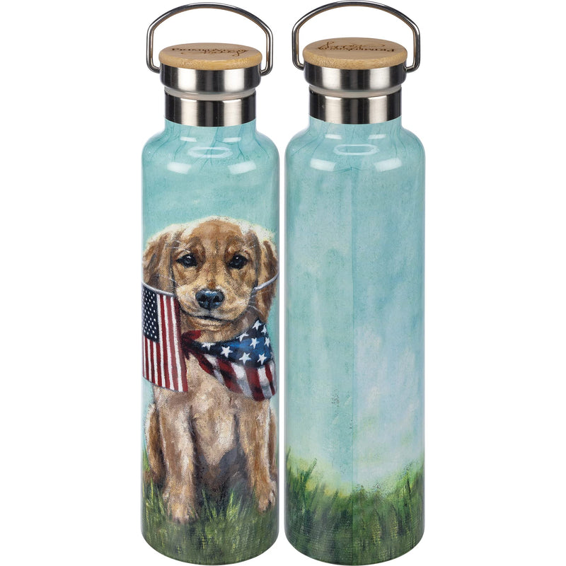 Primitives by Kathy Puppy Dog with American Flag Insulated Stainless Steel Watter Bottle Thermos 25 Oz