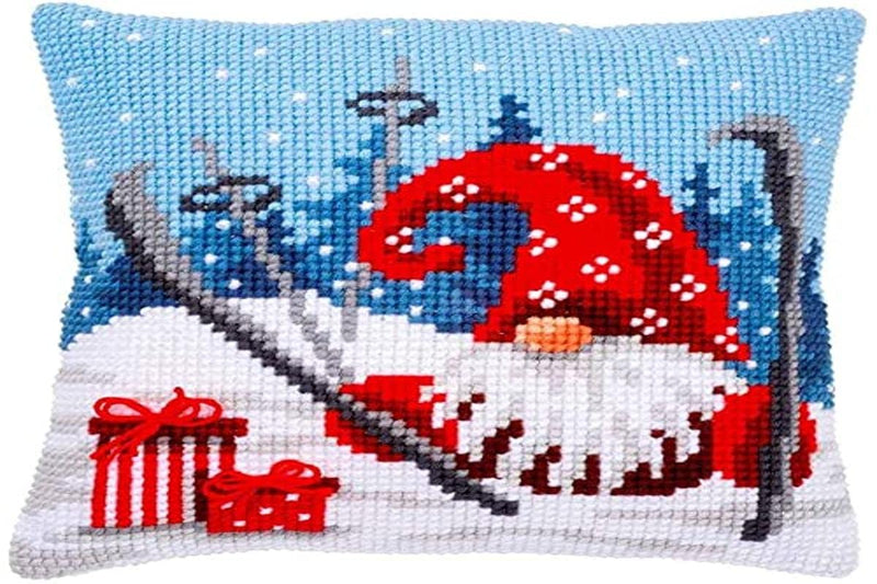 Vervaco Cross Stitch Christmas Embroidery Kits Pillow Front for Self-Embroidery with Embroidery Pattern on 100% Cotton, 15,75 x 15,75 Inches - 40 x 40 cm, Christmas Gnome Skiing