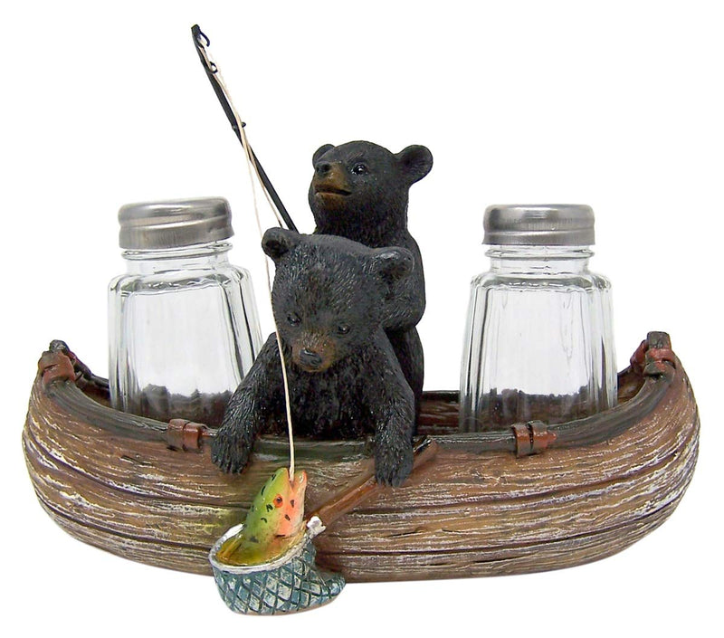 Fishing Black Bear Cubs in Canoe Salt and Pepper Shaker Holder, 6 1/2 Inch (Shakers Included)