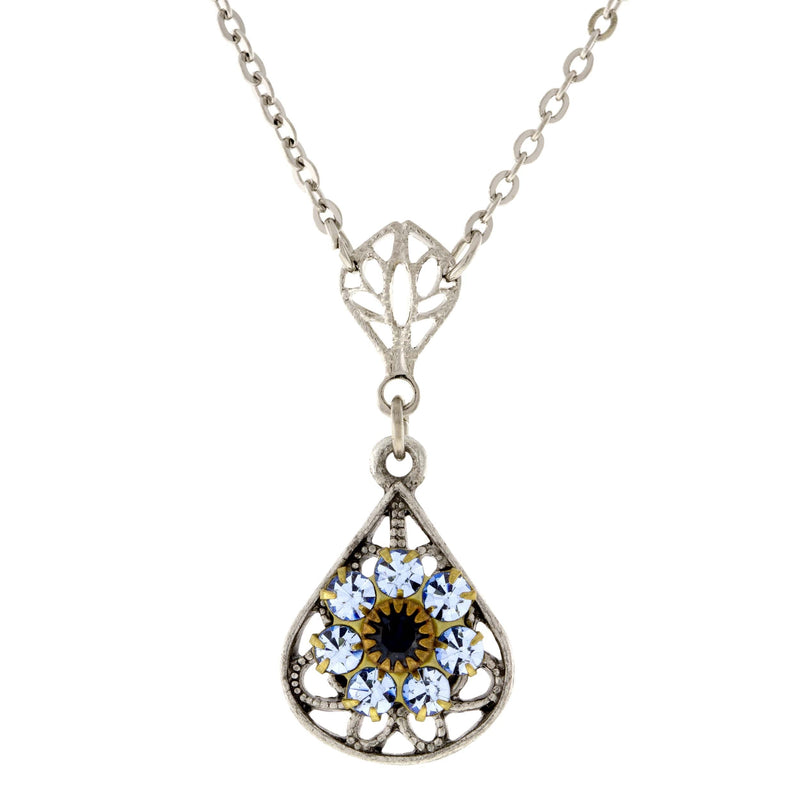 1928 Jewelry Purple Amethyst Flower Crystal Cluster Teardrop Filigree Pendant Necklace 16" + 3" Extender
