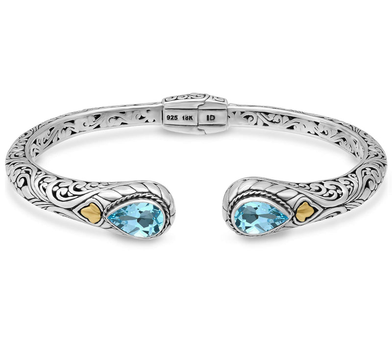 Sterling Silver 925 and 18K Gold with Blue Topaz DEVATA Bali Filigree Cuff Bracelet DHK3595BT (Size M)