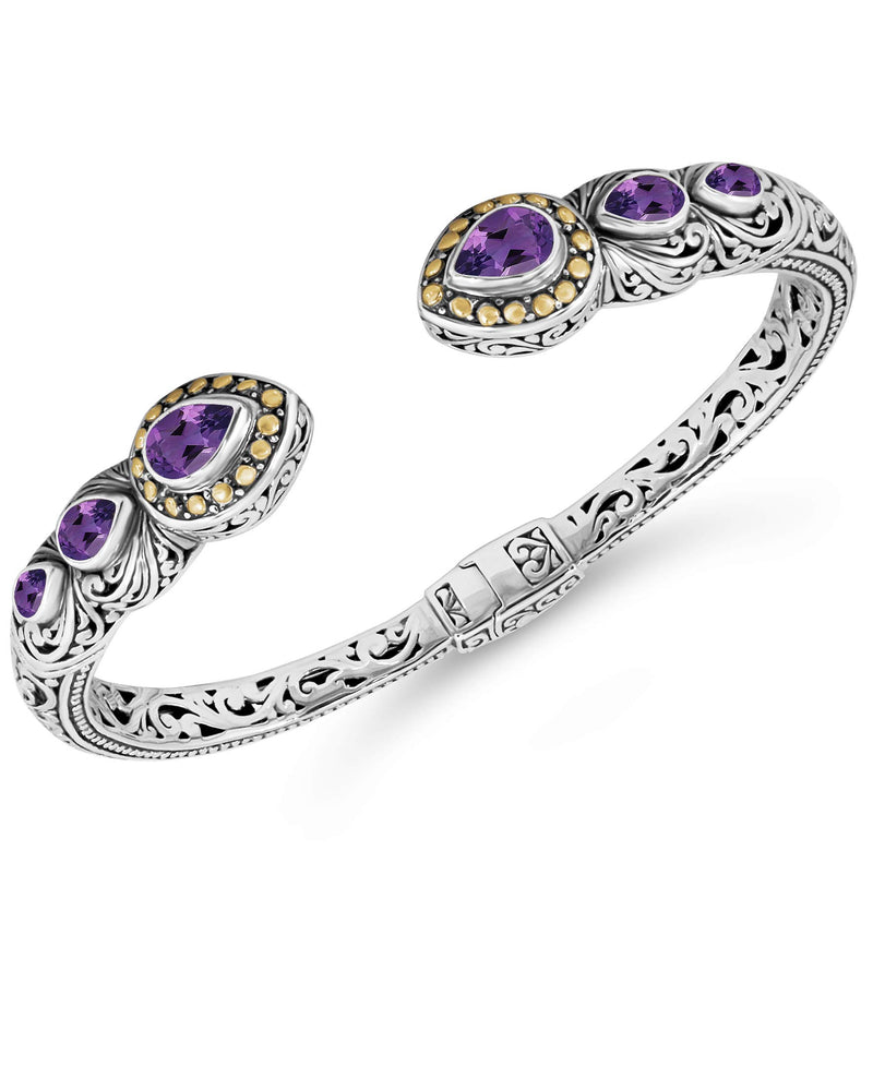 Sterling Silver 925 and 18K Gold with Amethyst DEVATA Bali Filigree Cuff Bracelet DHK3226AT (Size L)