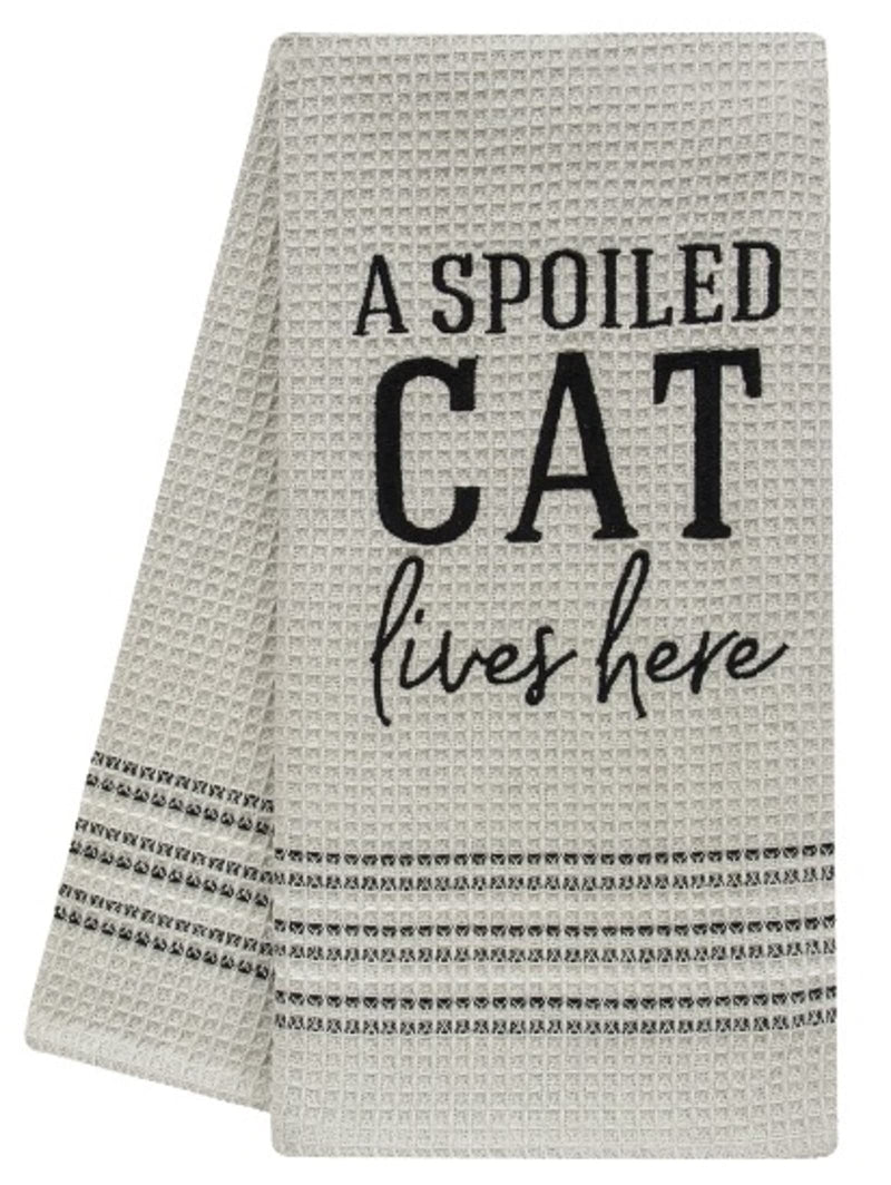 Col House Designs 29421 Tan Cotton Waffle Weave Dish Towel, Spoiled Cat Lives Here, 28 x 20 Inches