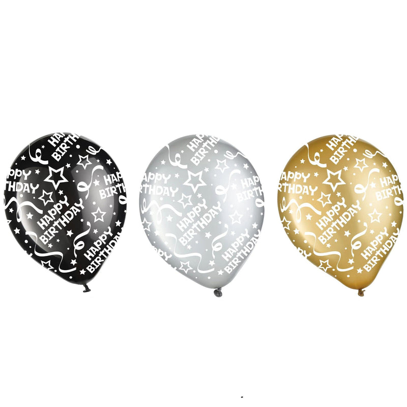 amscan Décor Happy Birthday Confetti Printed Latex Balloons | Black, Silver, Gold | Pack of 100 | Party Decor, 12"