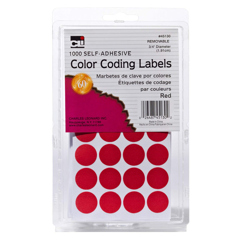 Charles Leonard Color Coding Dots, Self-Adhesive Labels, 0.75 Inch Diameter, Red, 1000-Count Box (45130)