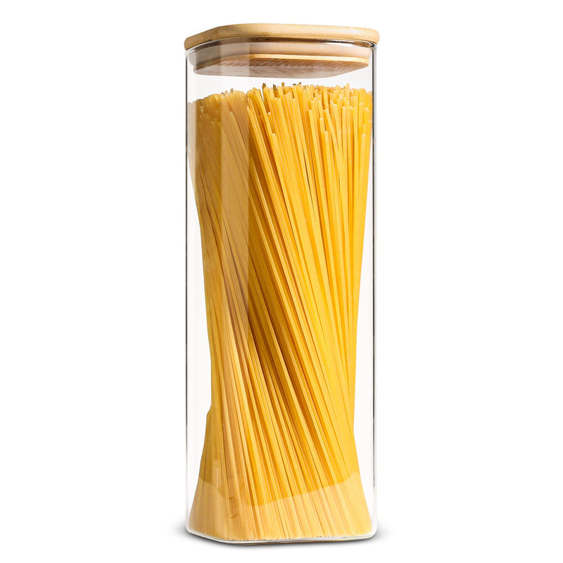 ComSaf Glass Spaghetti Pasta Storage Containers with Lid(71oz), Tall Clear Airtight Food Storage Jar with Bamboo Lid for Noodles Flour Cereal Sugar Beans, Sqaure Spaghetti Pantry Container