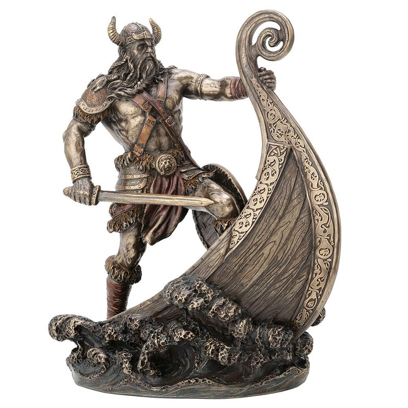 Veronese Design 9.5 Inch Norse Viking Warrior Standing On Long Ship Prow Antique Bronze Finish Statue