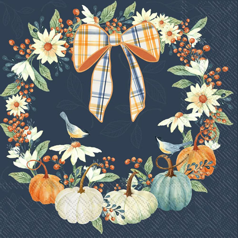 IHR Ideal Home Range Cocktail Napkins Disposable 3-Ply Paper Beverage Napkins, 5" x 5", Pumpkin Wreath, 20 Count
