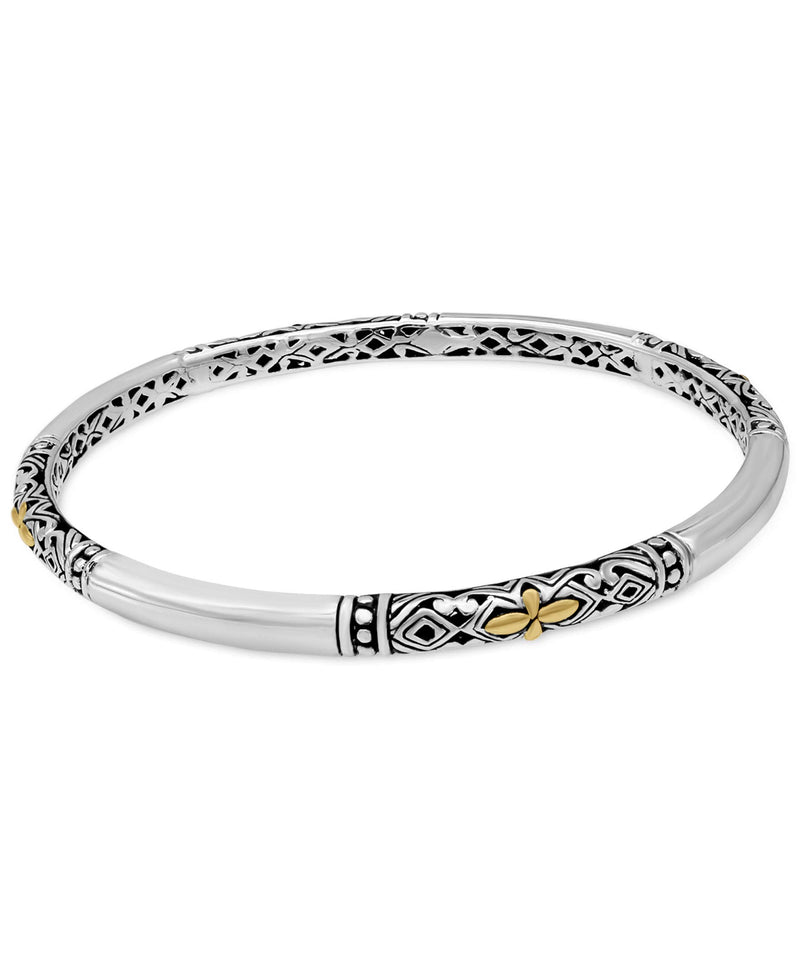 Sterling Silver 925 and 18K Gold DEVATA Bali Filigree Bangle Bracelet DHK3526TT (Medium)