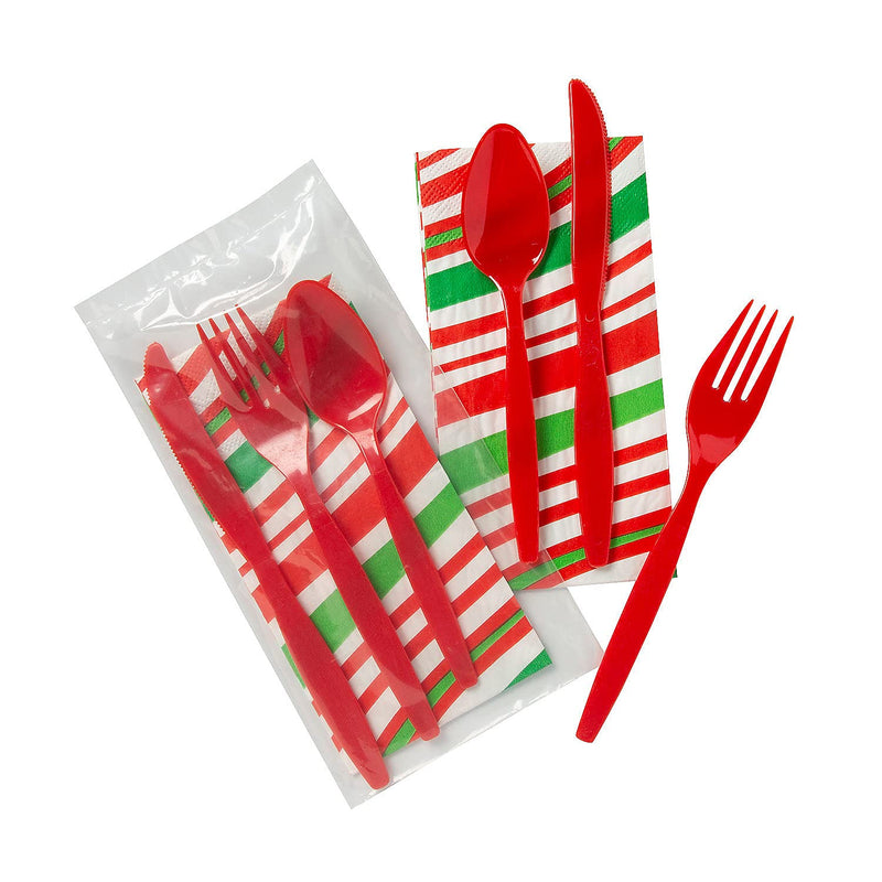 Christmas Striped Cutlery Sets – 50 pc - Party Supplies - 50 Pieces