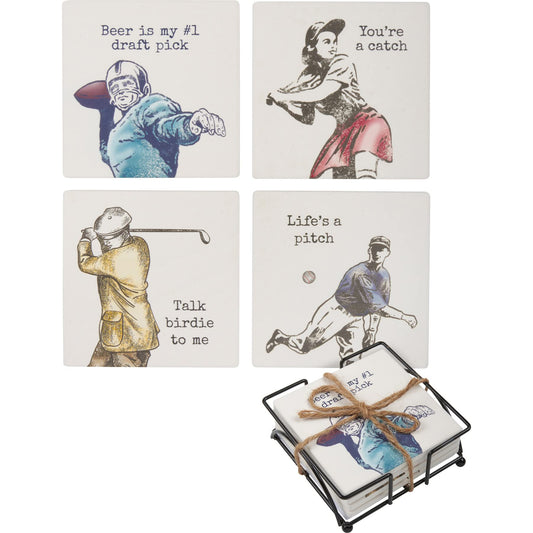 Primitives by Kathy Beer is My #1 Draft Pick; You're A Catch; Talk Birdie to Me; Life's A Pitch Decorative Coaster Set 4" x 4"