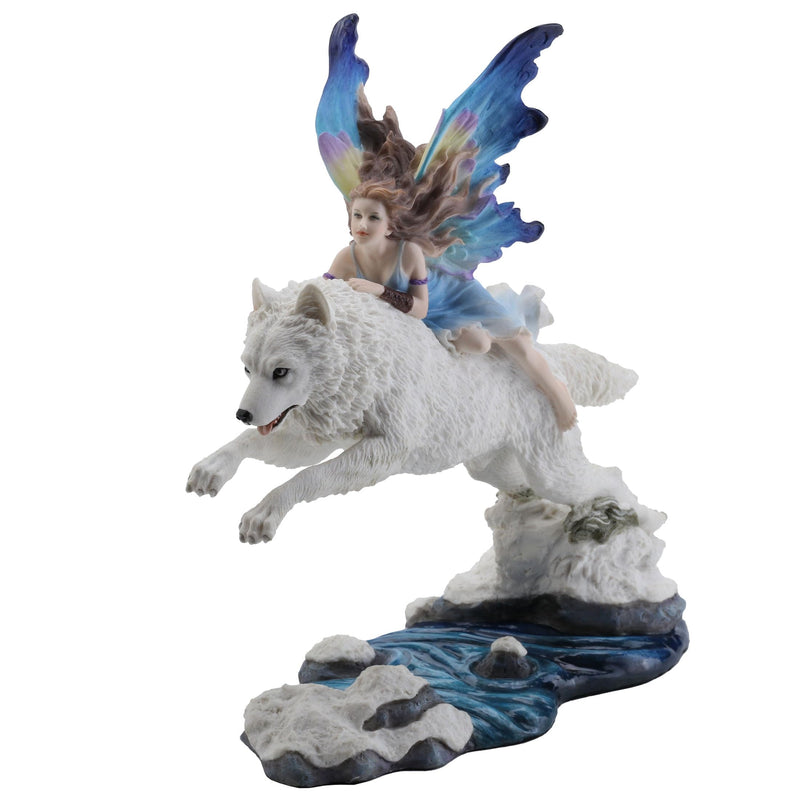 Unicorn Studio Fairy Riding On Leaping Arctic White Wolf Hand Painted Resin Figurine