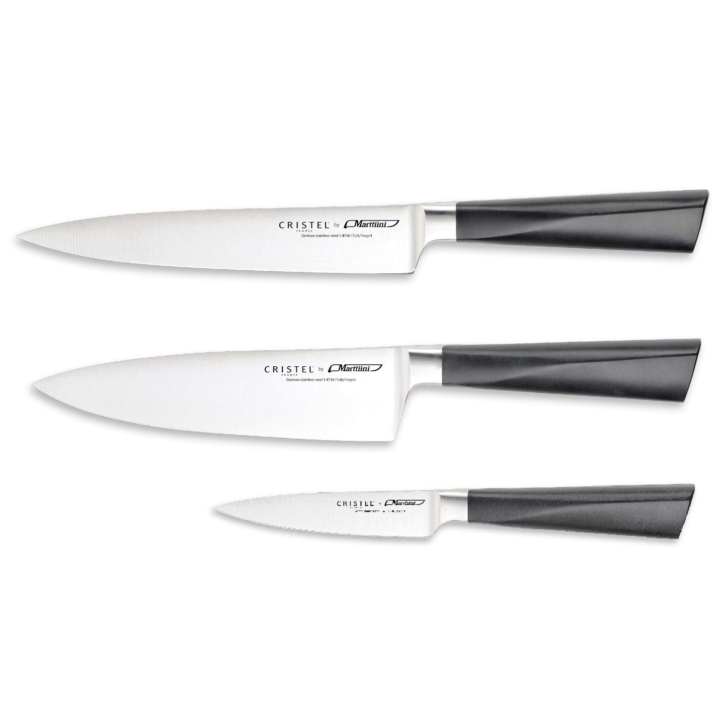 CRISTEL, 1.4116 grade stainless Steel Set of 3 Knives includes: Utility Knife 7", Chef's Knife 6 1/2", Paring Knife 3 1/2", Perfectly balanced, Cristel X Marttiini.