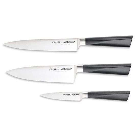 CRISTEL, 1.4116 grade stainless Steel Set of 3 Knives includes: Utility Knife 7", Chef's Knife 6 1/2", Paring Knife 3 1/2", Perfectly balanced, Cristel X Marttiini.