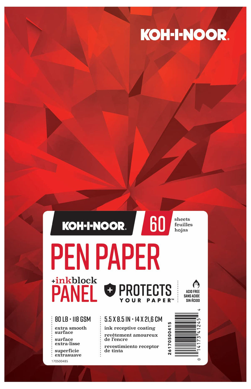 Koh-I-Noor Pen Paper Bright White Smooth Paper Pad with Ink Block Panel, 80lb/118 GSM, 5.5 x 8.5", 60 Sheets per Pad, 1 Each (26170500415)