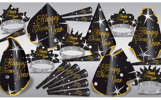 Beistle Happy New Year Shimmer Assortment for 10 People Hats, Tiaras, Noisemaker Horns-Party Favors and Supplies, One Size, Black/Gold/Silver
