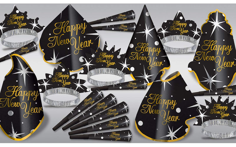 Beistle Happy New Year Shimmer Assortment for 10 People Hats, Tiaras, Noisemaker Horns-Party Favors and Supplies, One Size, Black/Gold/Silver