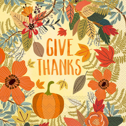 Boston International IHR Cocktail Beverage Paper Napkins, 5 x 5-Inches, Give Thanks Floral
